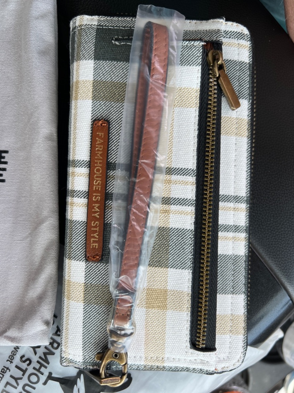 Farmhouse Is My Style Plaid Zip Wallet in Cream and Tan - Picture 2 of 7